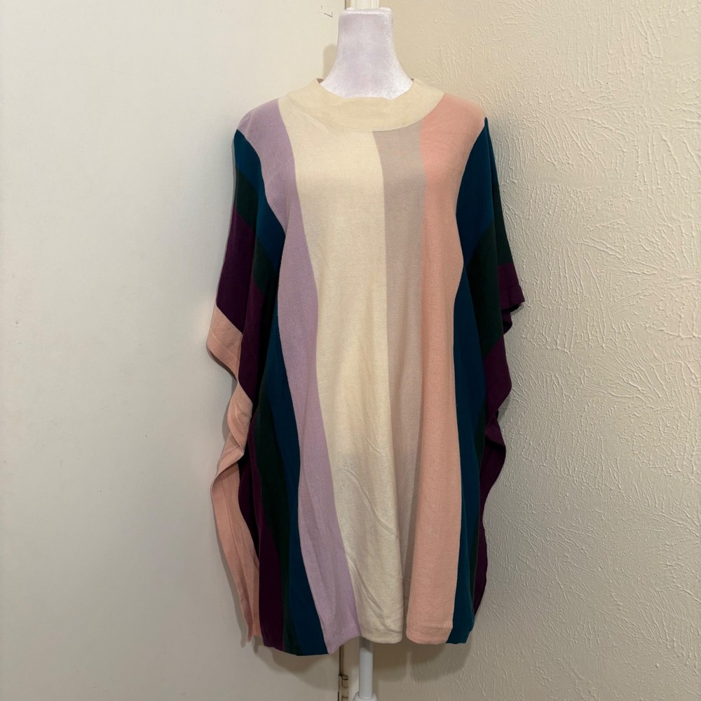 Chico's Color Block Vertical Stripe Knit Poncho Sweater Cotton Blend Retro L/XL